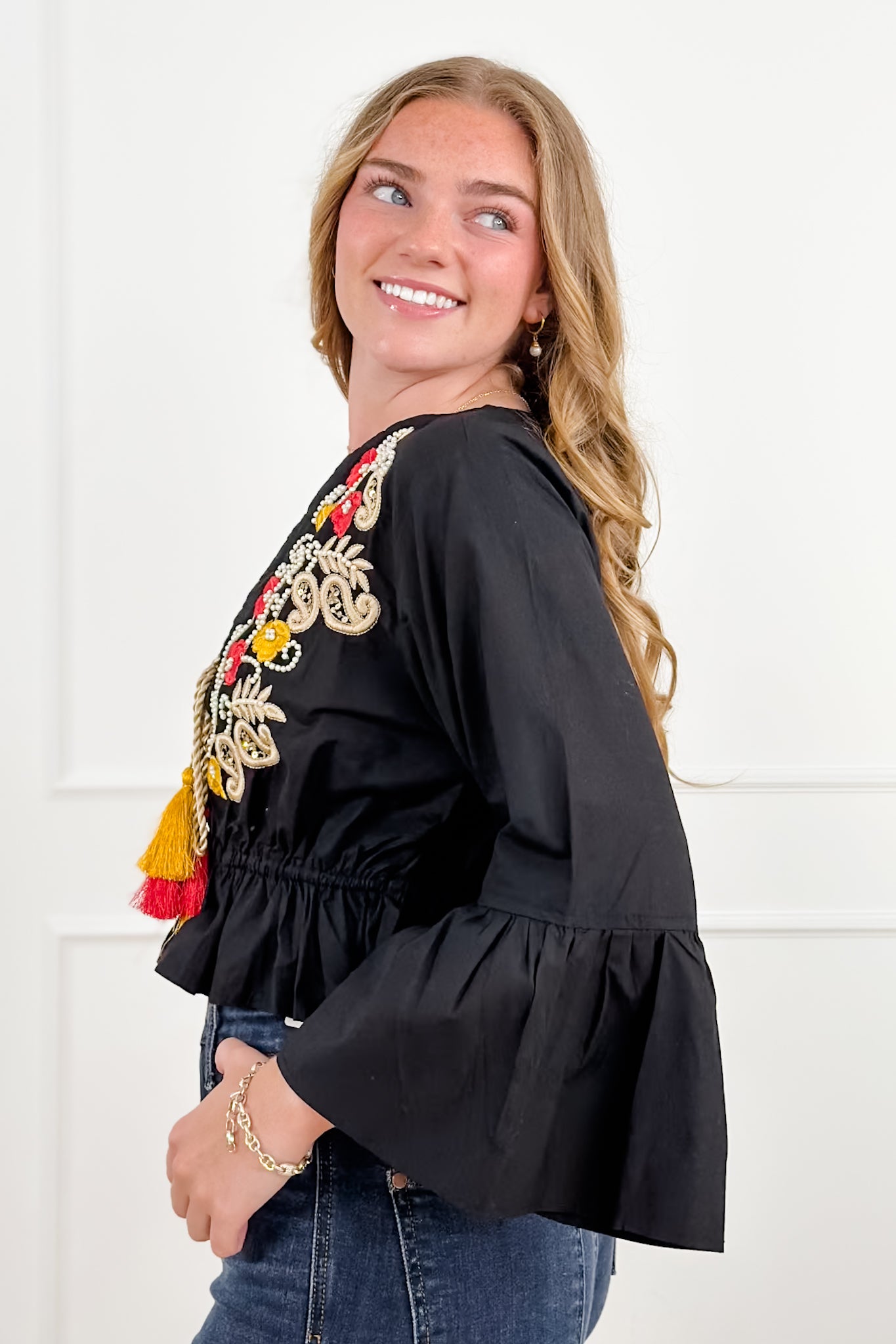 POL Black Embroidered V-Neck Elastic Waist Top