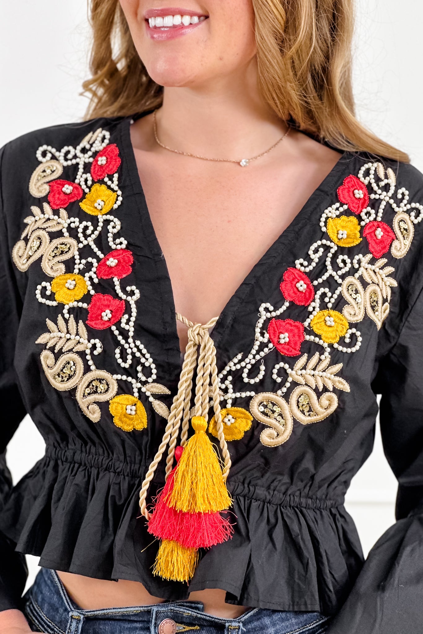 POL Black Embroidered V-Neck Elastic Waist Top