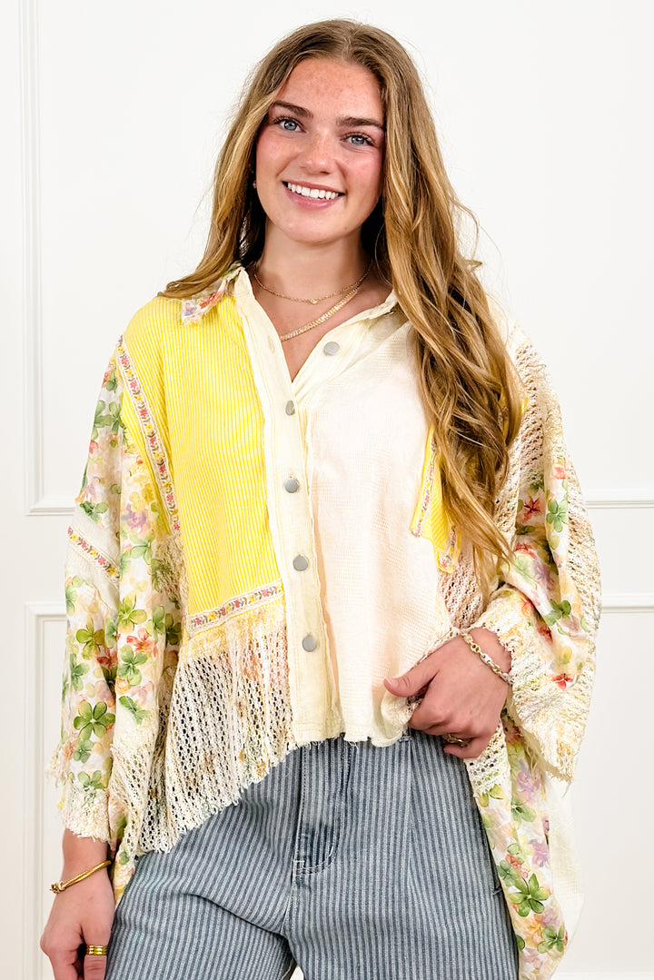 POL Textured 3/4 Sleeve Button Up Top with Flowers