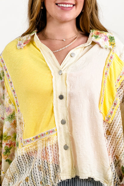 POL Textured 3/4 Sleeve Button Up Top with Flowers