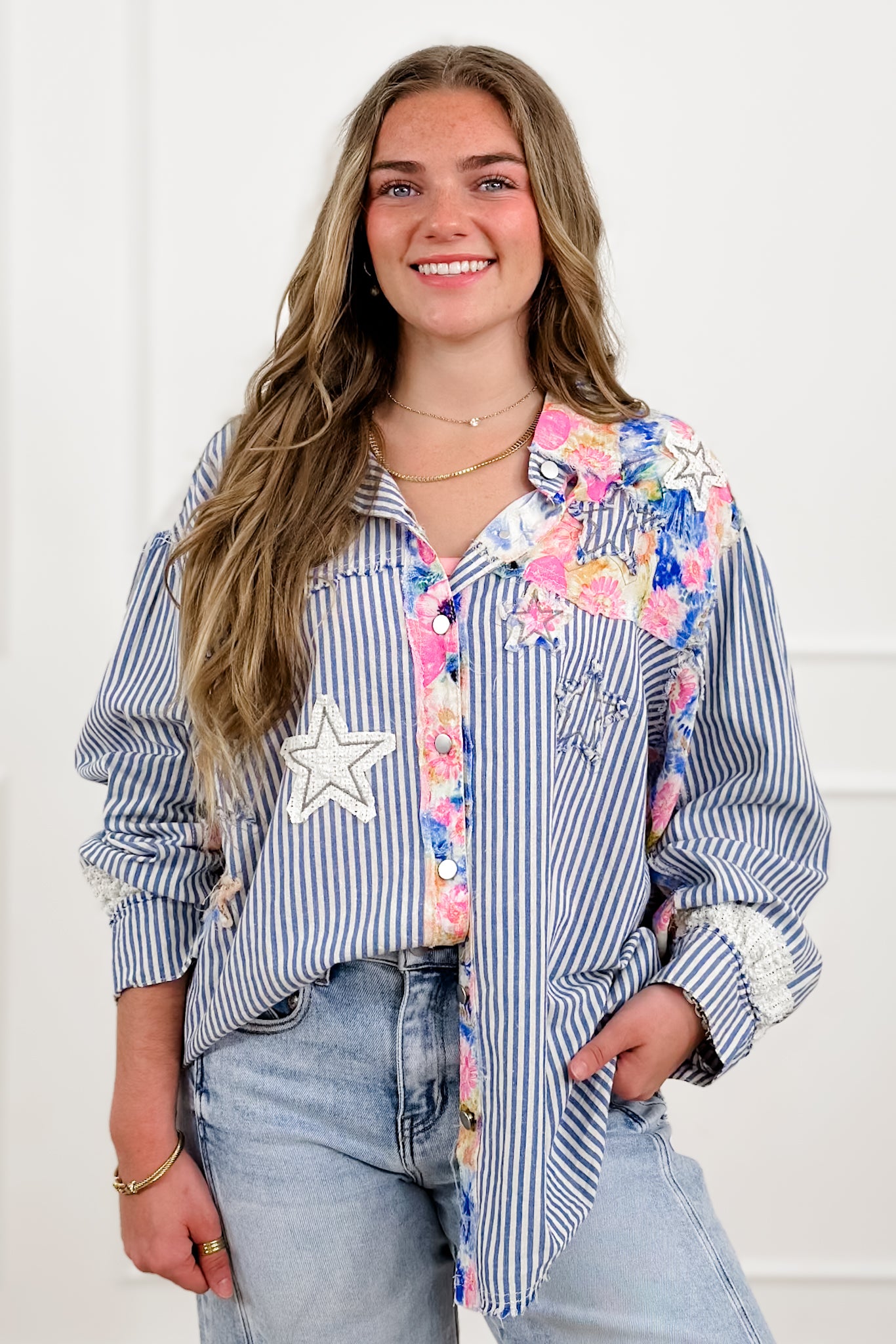 POL Stripe Long Sleeve Button Up Top with Star Patches