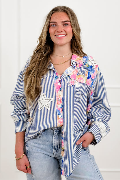 POL Stripe Long Sleeve Button Up Top with Star Patches