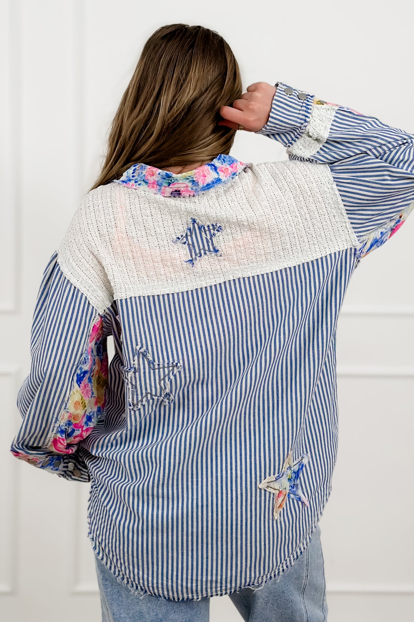 POL Stripe Long Sleeve Button Up Top with Star Patches