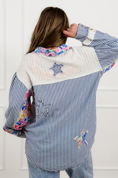 POL Stripe Long Sleeve Button Up Top with Star Patches