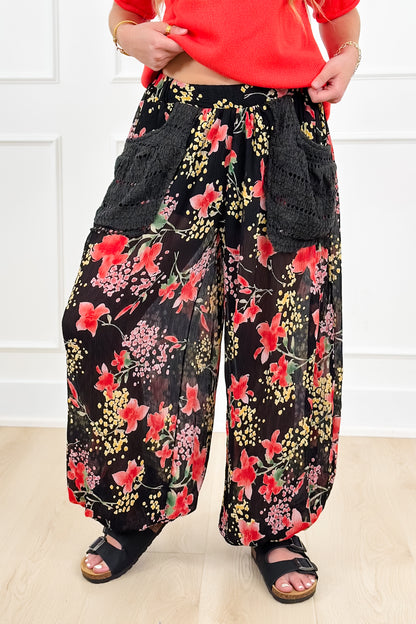 POL Floral Print Elastic Waist Crinkled Pants