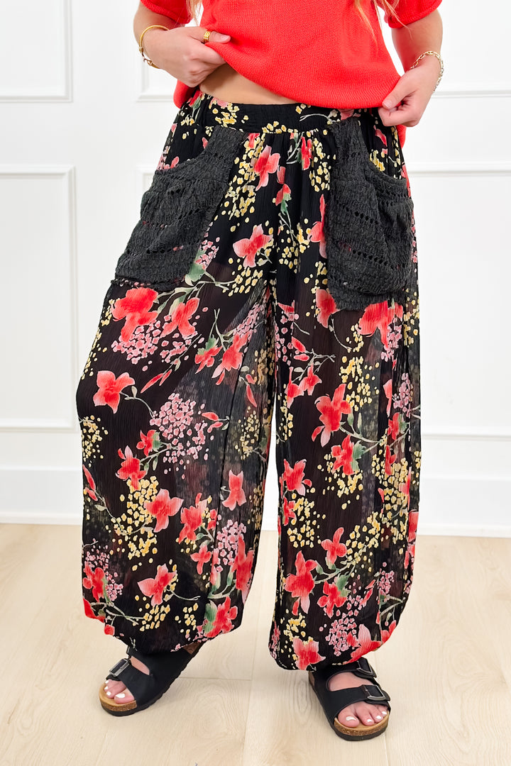 POL Floral Print Elastic Waist Crinkled Pants