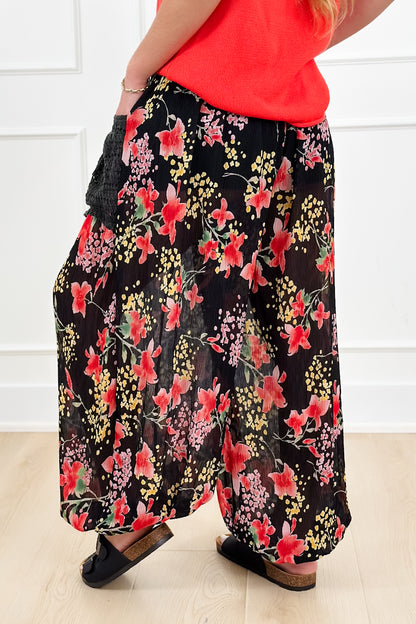 POL Floral Print Elastic Waist Crinkled Pants