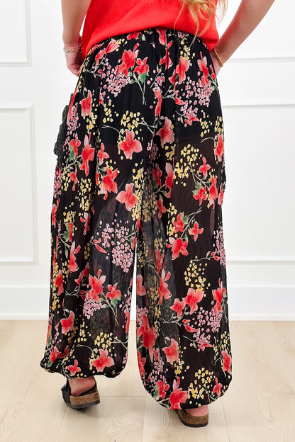 POL Floral Print Elastic Waist Crinkled Pants