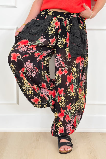 POL Floral Print Elastic Waist Crinkled Pants