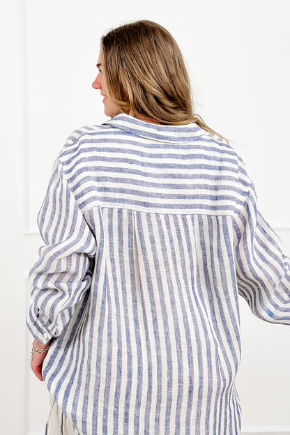 POL Stripe Linen Long Sleeve Button Down Hi-Lo Top