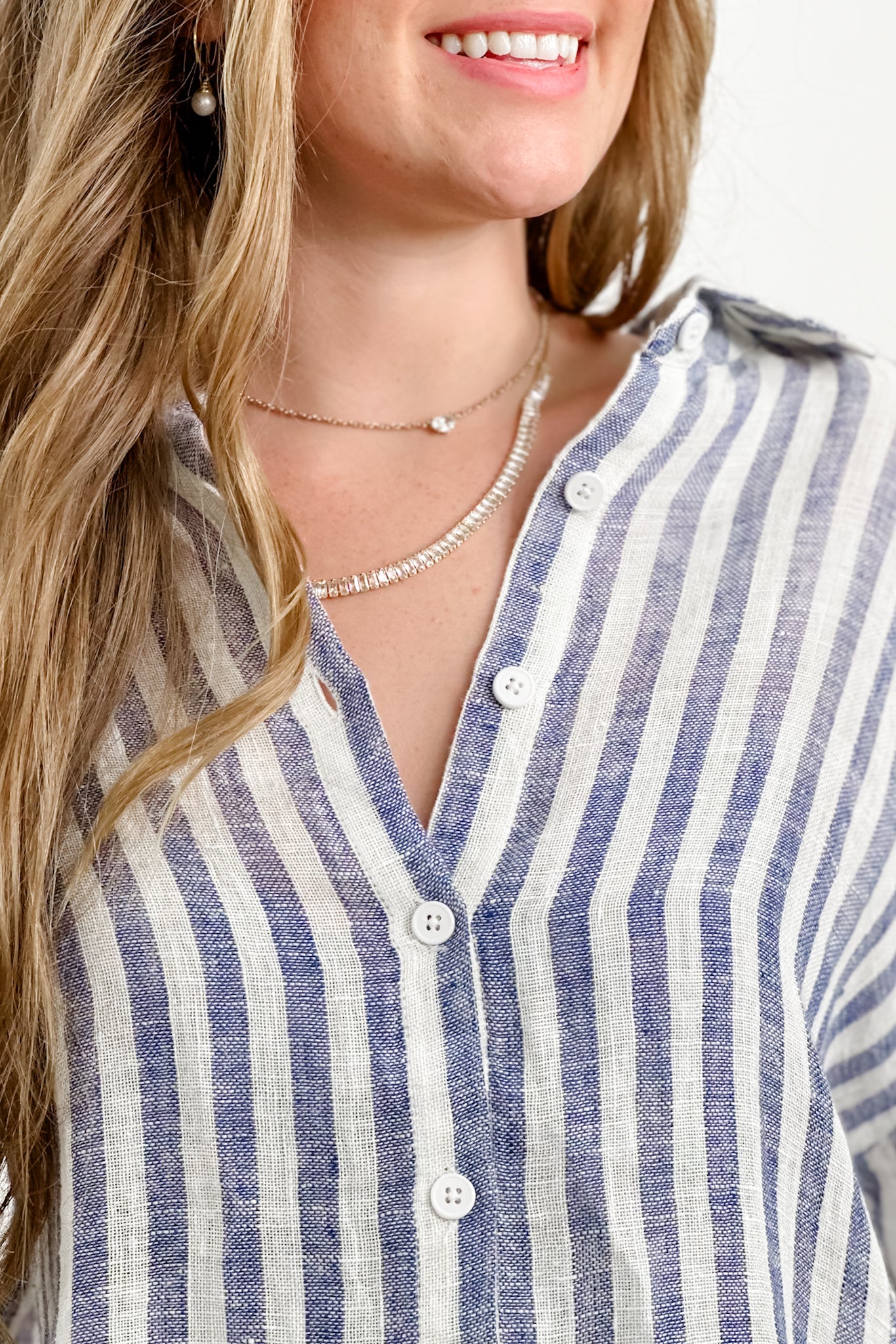 POL Stripe Linen Long Sleeve Button Down Hi-Lo Top