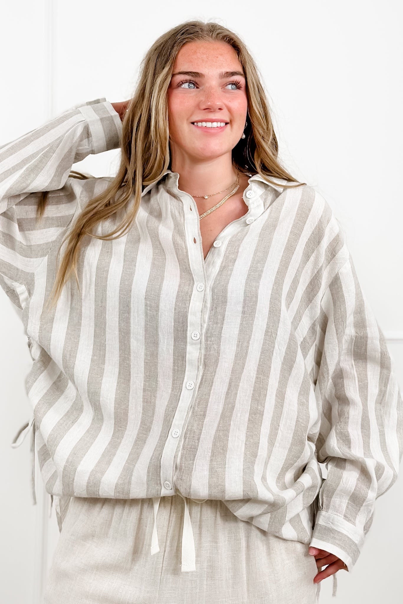 POL Stripe Linen Blend Long Sleeve Button Down Top