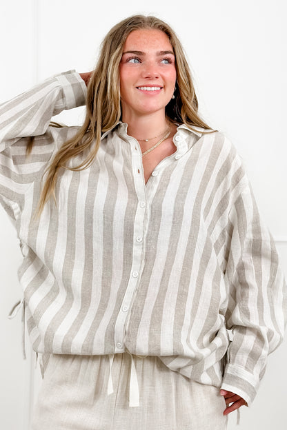 POL Stripe Linen Blend Long Sleeve Button Down Top