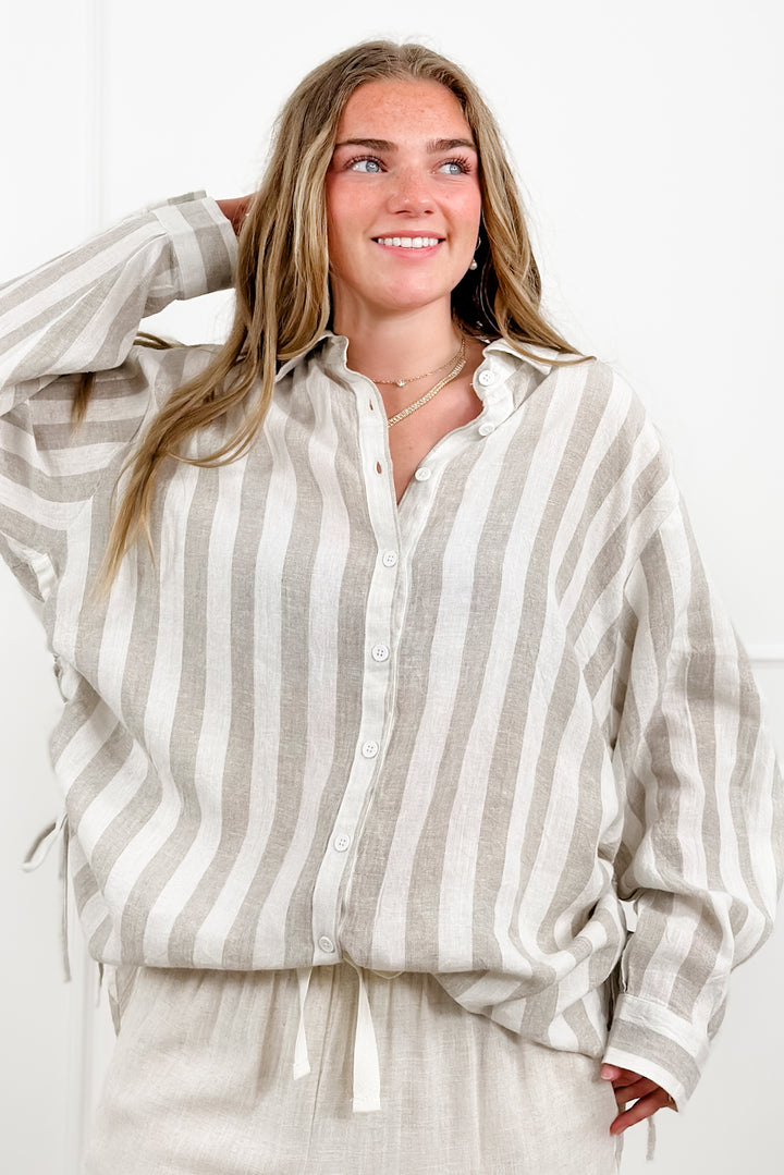 POL Stripe Linen Blend Long Sleeve Button Down Top