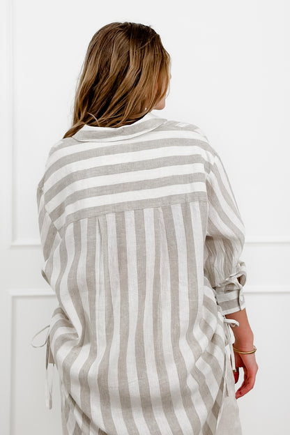 POL Stripe Linen Blend Long Sleeve Button Down Top