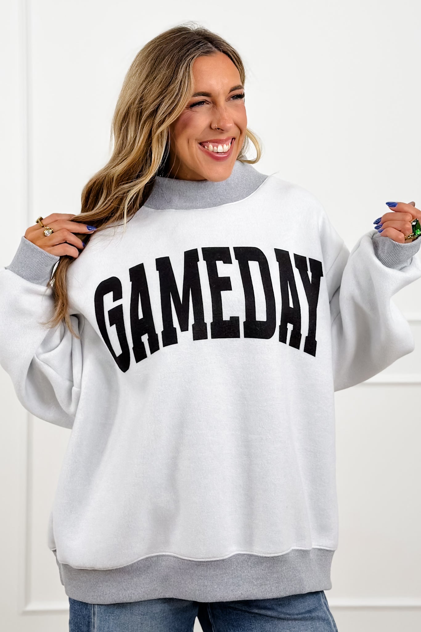 Long Sleeve Reversible Mock Neck Football/Gameday Graphic Pullover Sweatshirt - Freckled Poppy