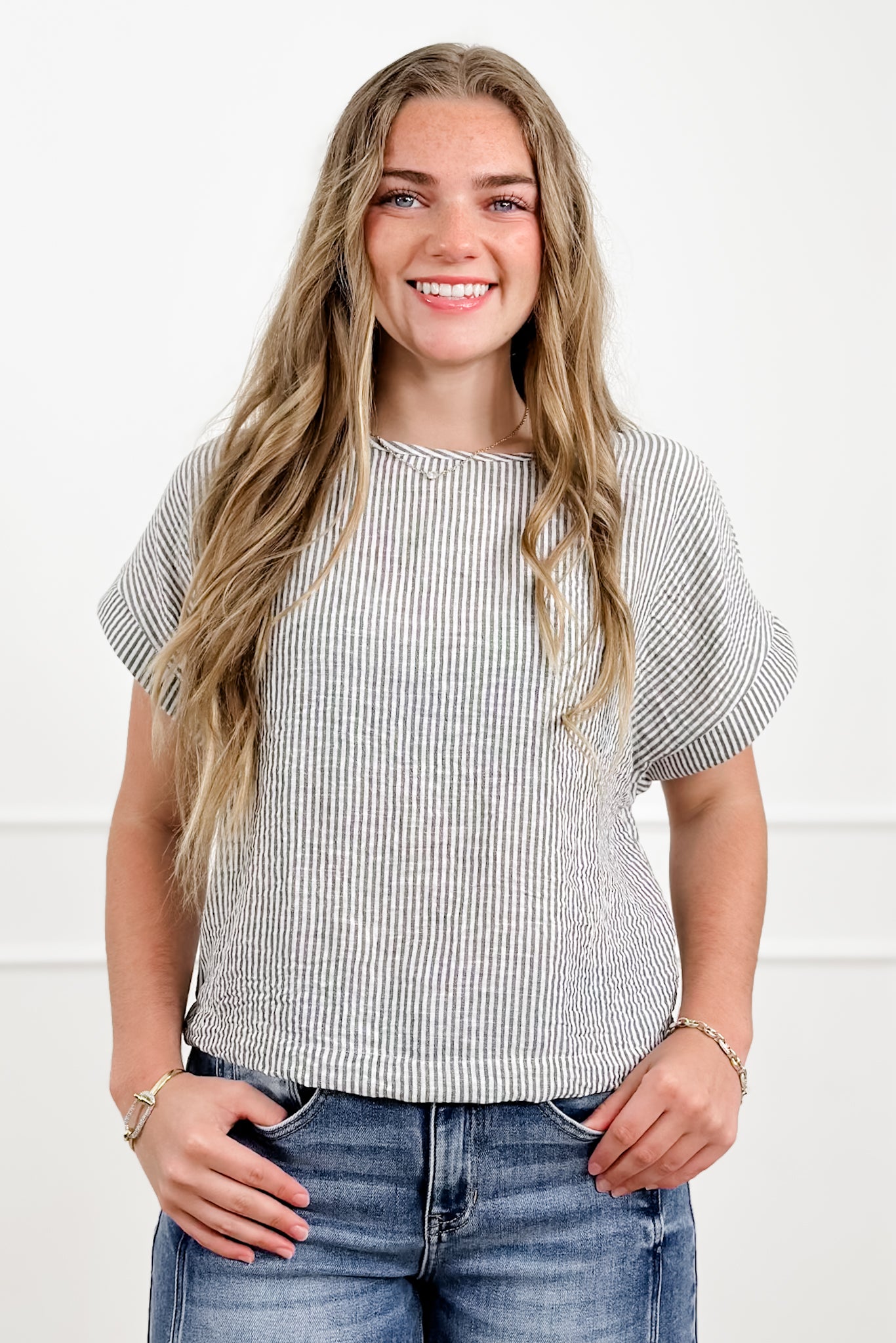 Plus/Reg Striped Short Sleeves Top