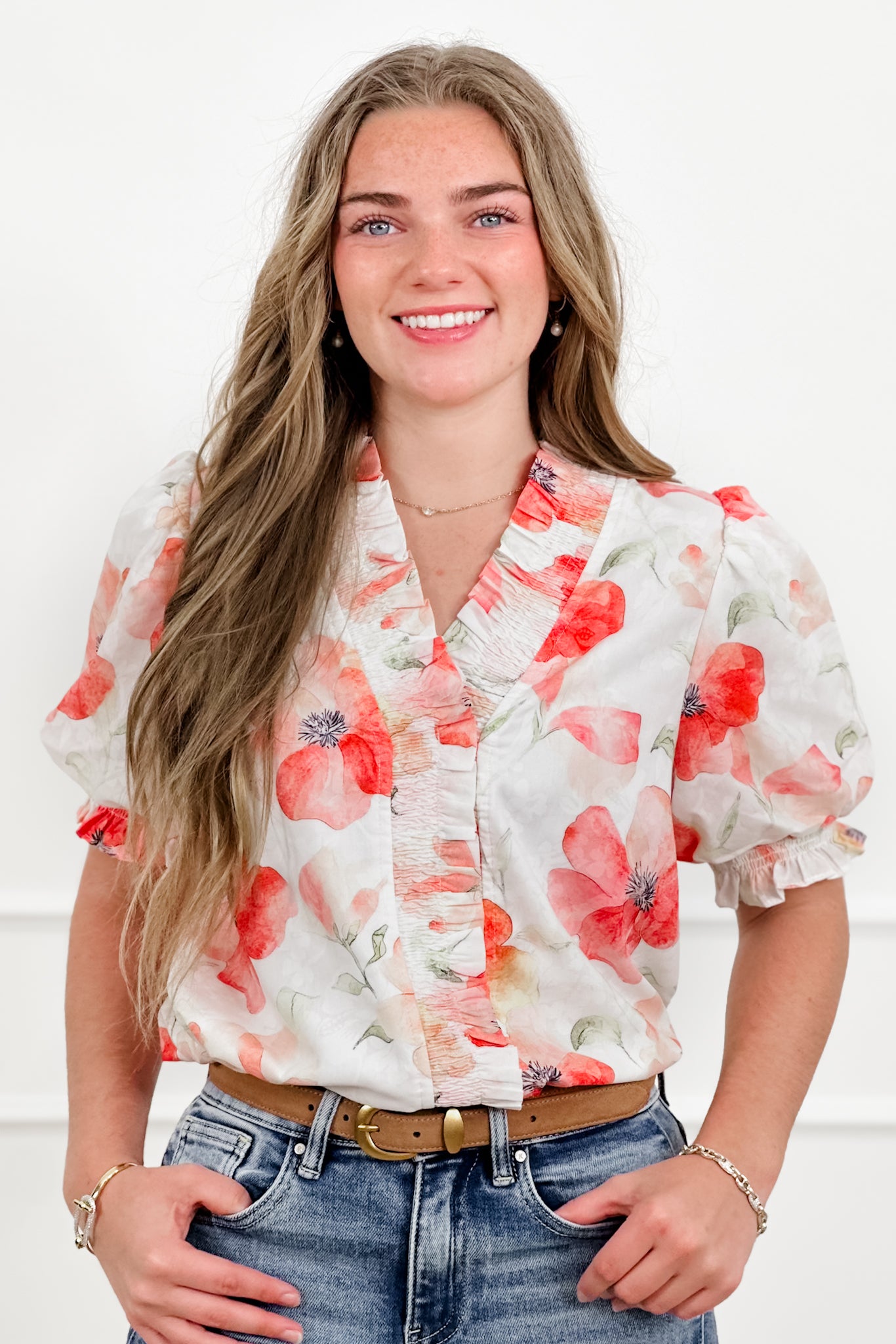 Floral Print Short Puff Sleeve Ruffle Top