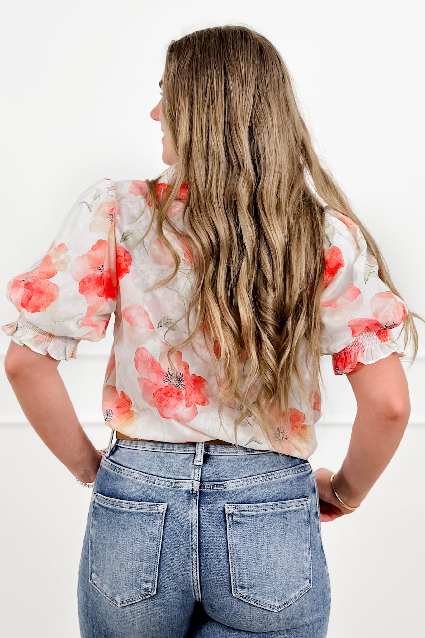 Floral Print Short Puff Sleeve Ruffle Top