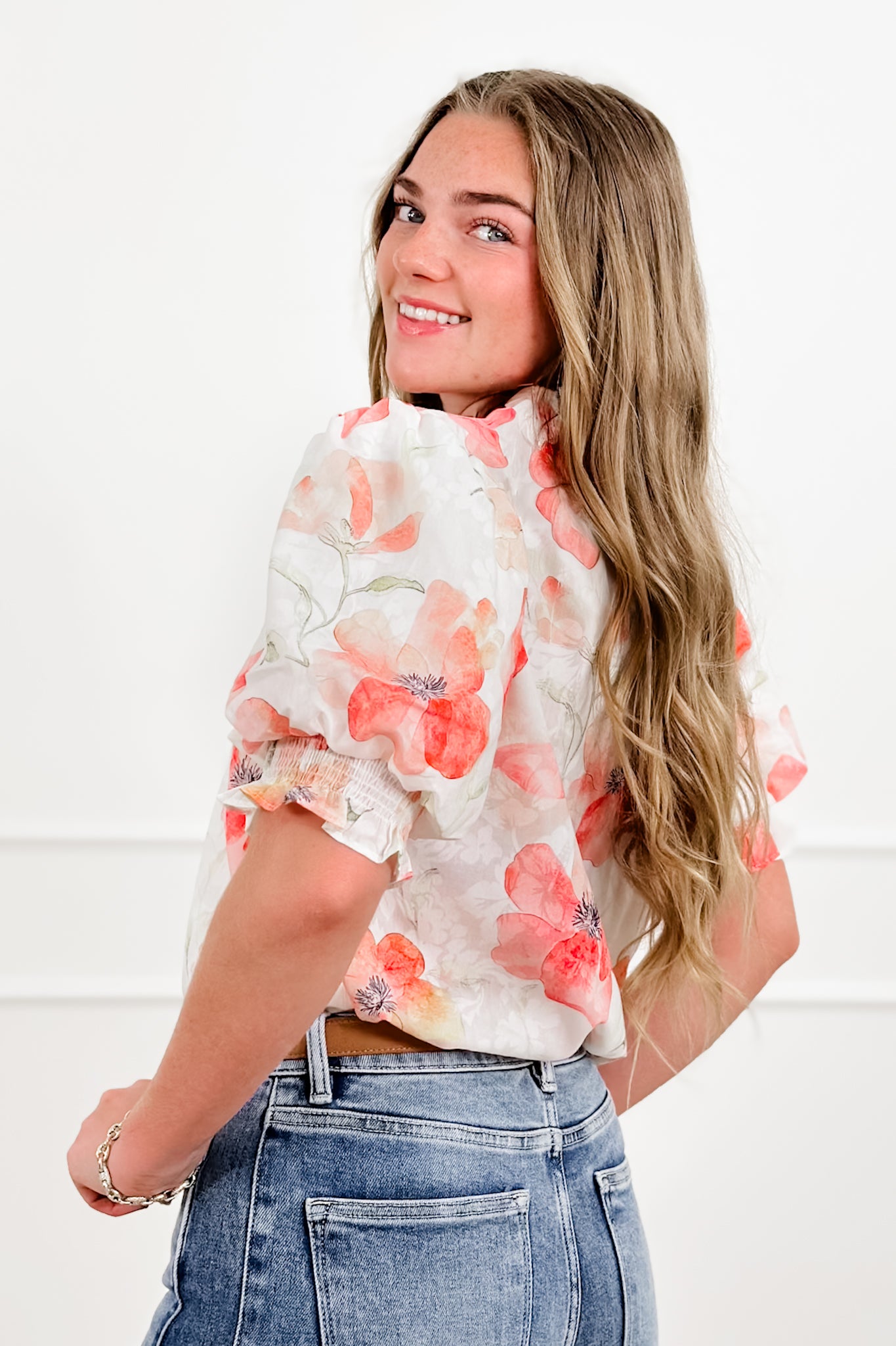 Floral Print Short Puff Sleeve Ruffle Top