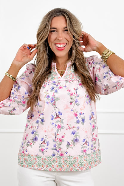 Floral Print Puff Sleeve V  Notch Neck Top
