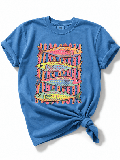 Plus/Reg Short Sleeve Colorful Fish Scicilian Stripe Graphic Tee - Freckled Poppy
