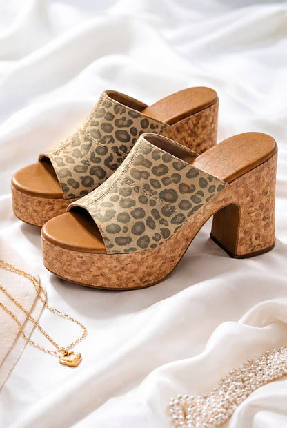 Blowfish Poznan Animal Print Chunky Cork Platform Heel Slides