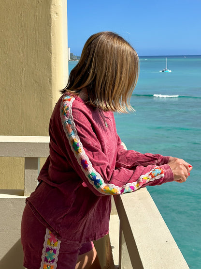 Mineral Washed Long Sleeve Top with Crochet Patch