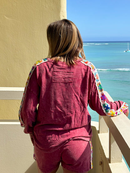 Mineral Washed Long Sleeve Top with Crochet Patch