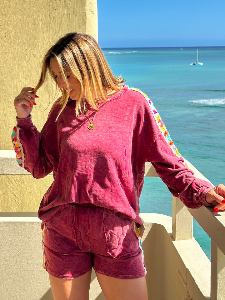 Mineral Washed Long Sleeve Top with Crochet Patch