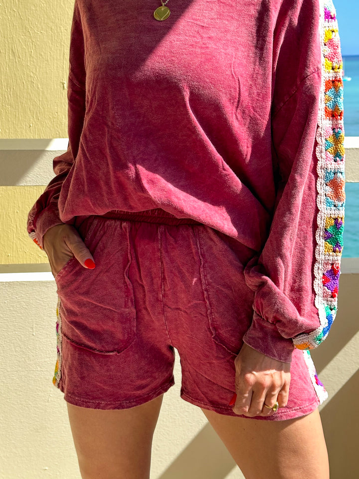 Mineral Washed Knit Shorts with Crochet Patch Trim