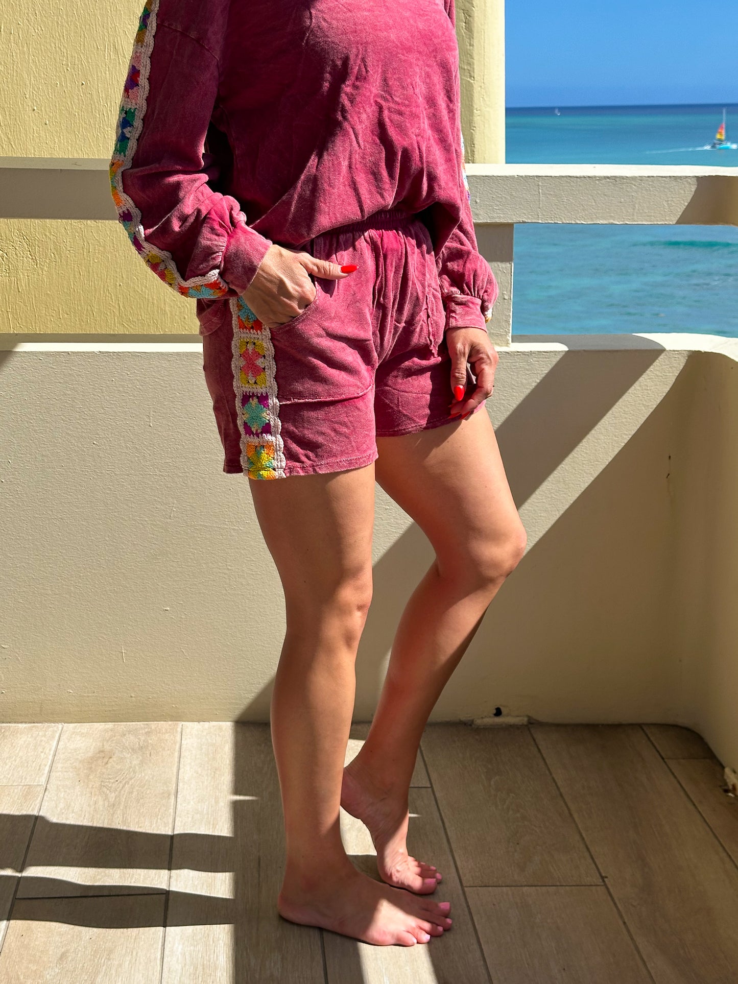 Mineral Washed Knit Shorts with Crochet Patch Trim