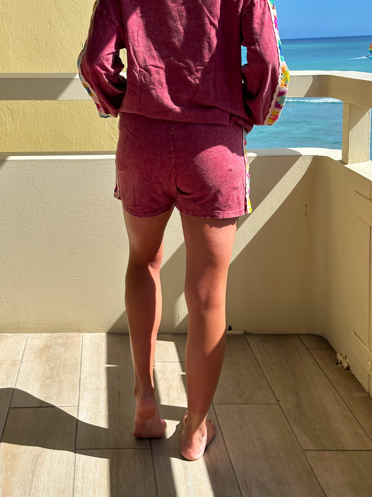 Mineral Washed Knit Shorts with Crochet Patch Trim