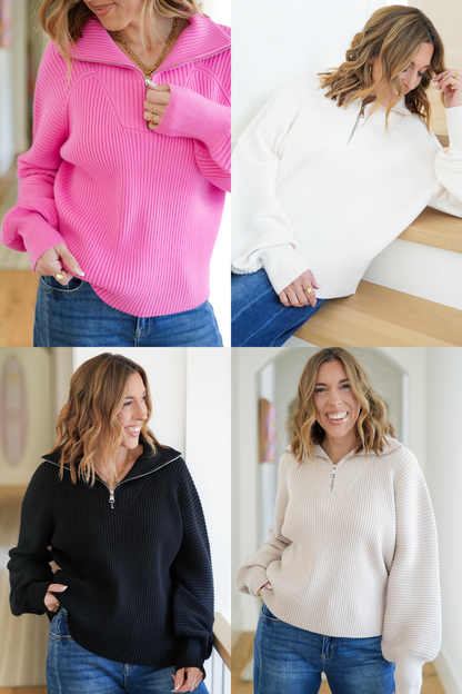 Ribbed Knit Long Sleeve 1/4 Zip Sweater