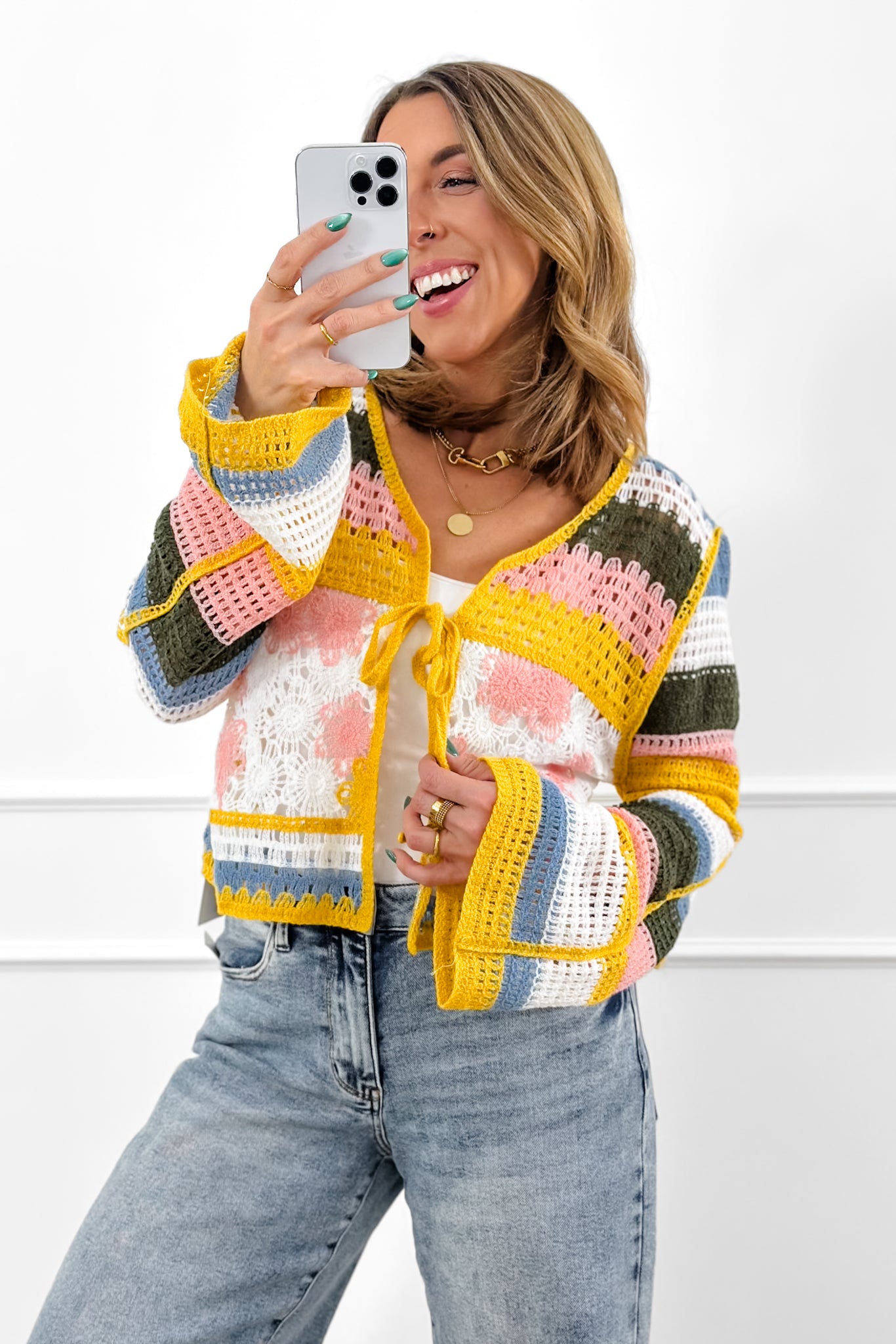 POL Crochet Long Sleeve Cardigan with Front Tie