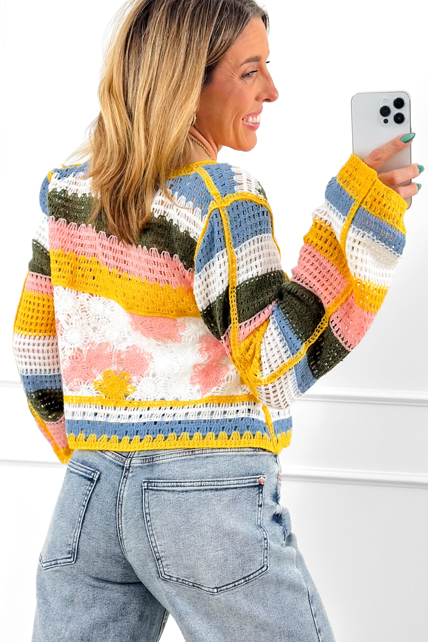 POL Crochet Long Sleeve Cardigan with Front Tie