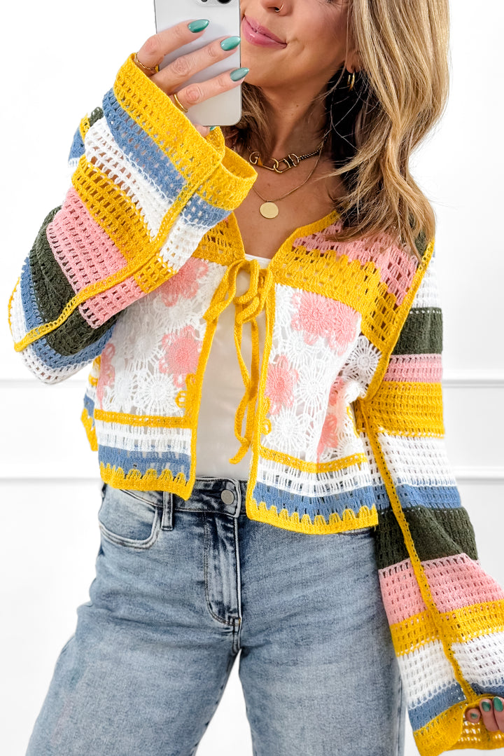 POL Crochet Long Sleeve Cardigan with Front Tie