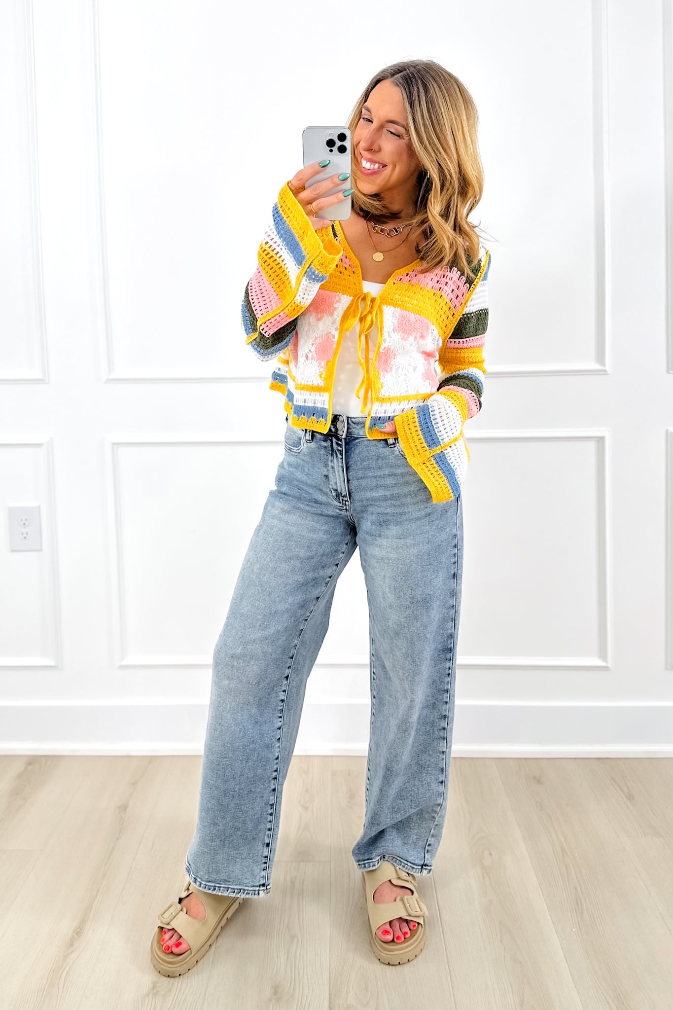 POL Crochet Long Sleeve Cardigan with Front Tie