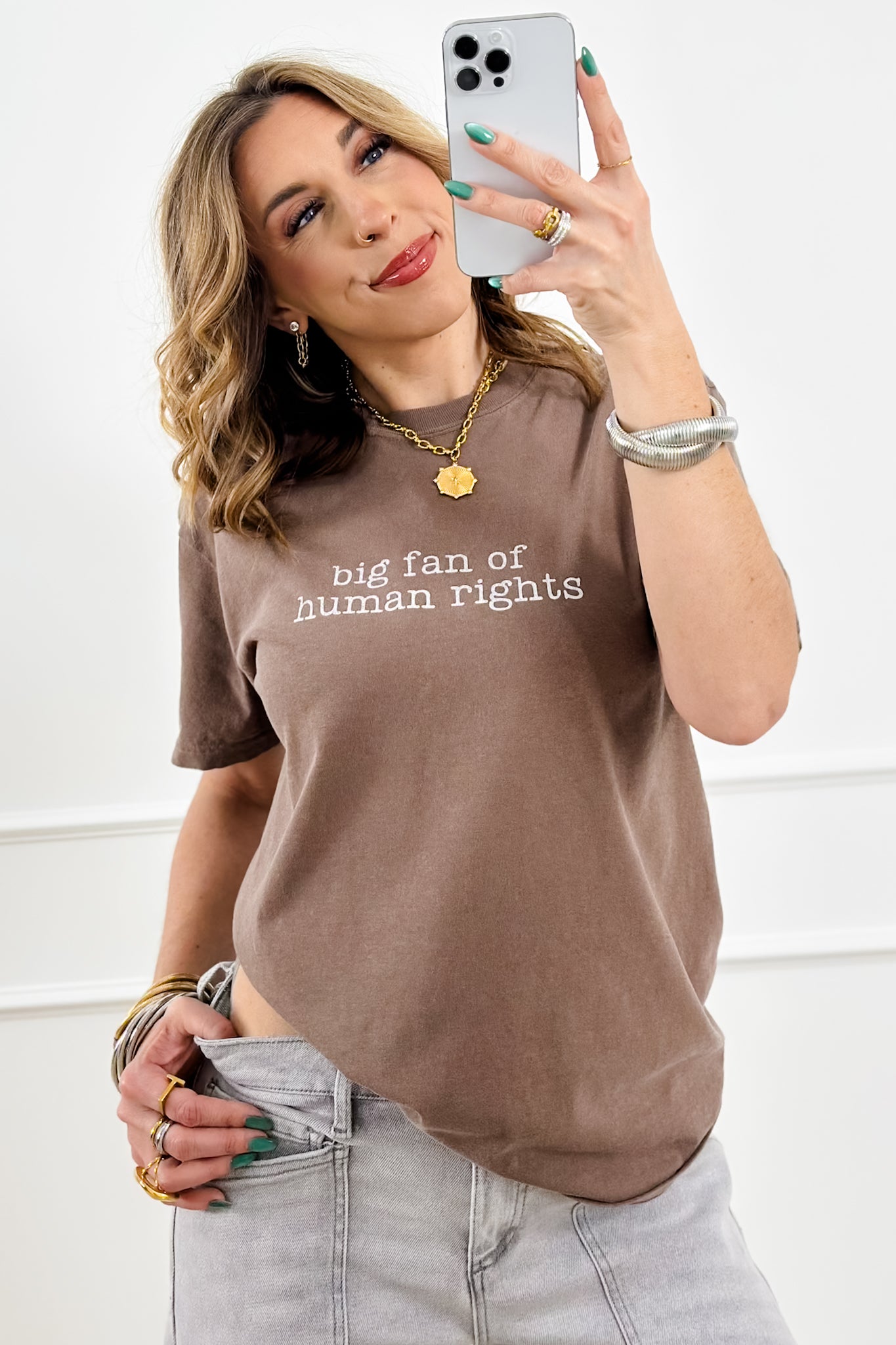 Plus/Reg Short Sleeve Espresso "Big Fan of Human Rights" Graphic Tee