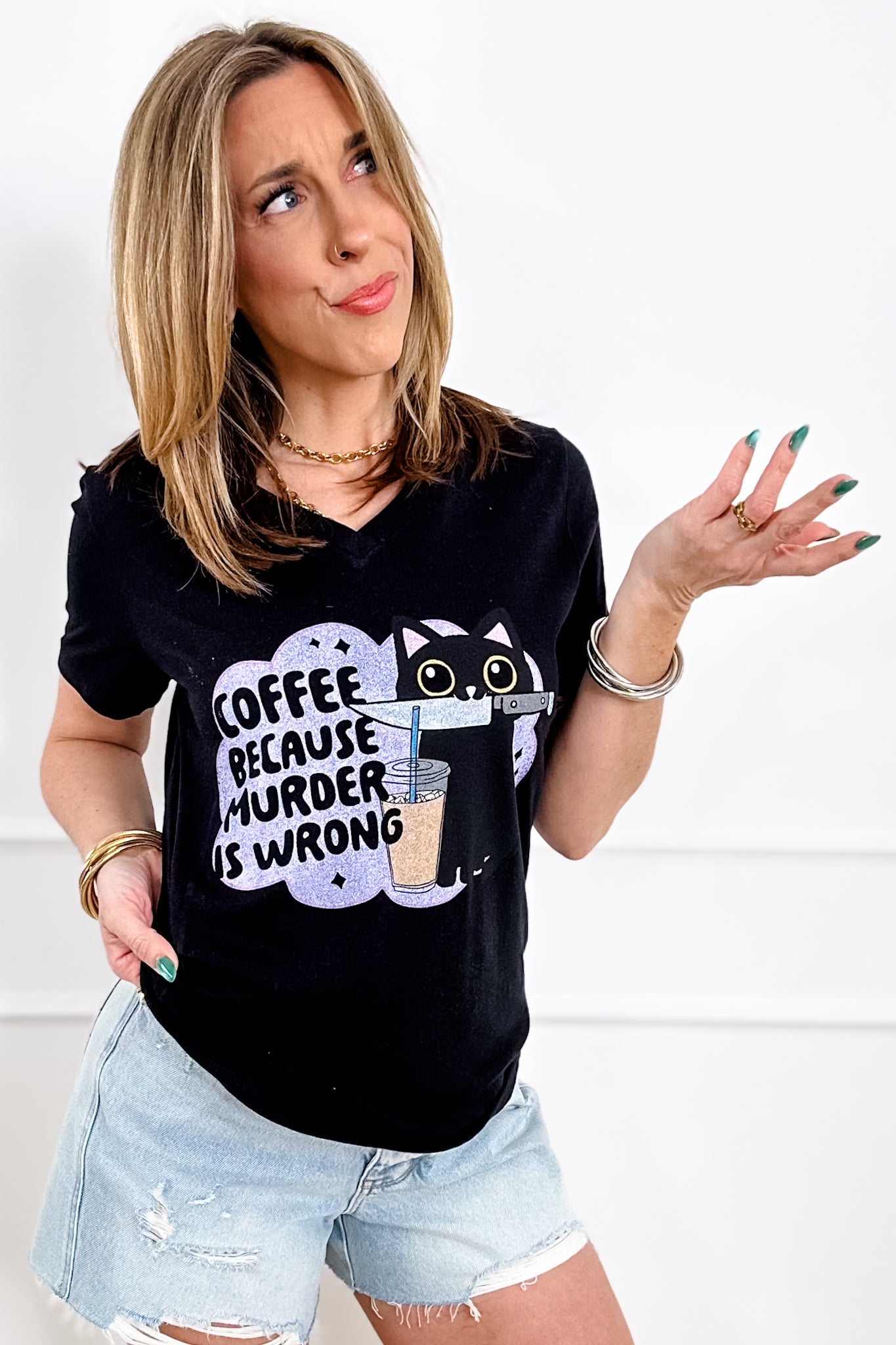 Plus/Reg Short Sleeve V Neck "Coffee Because Murder Is Wrong" Graphic Tee