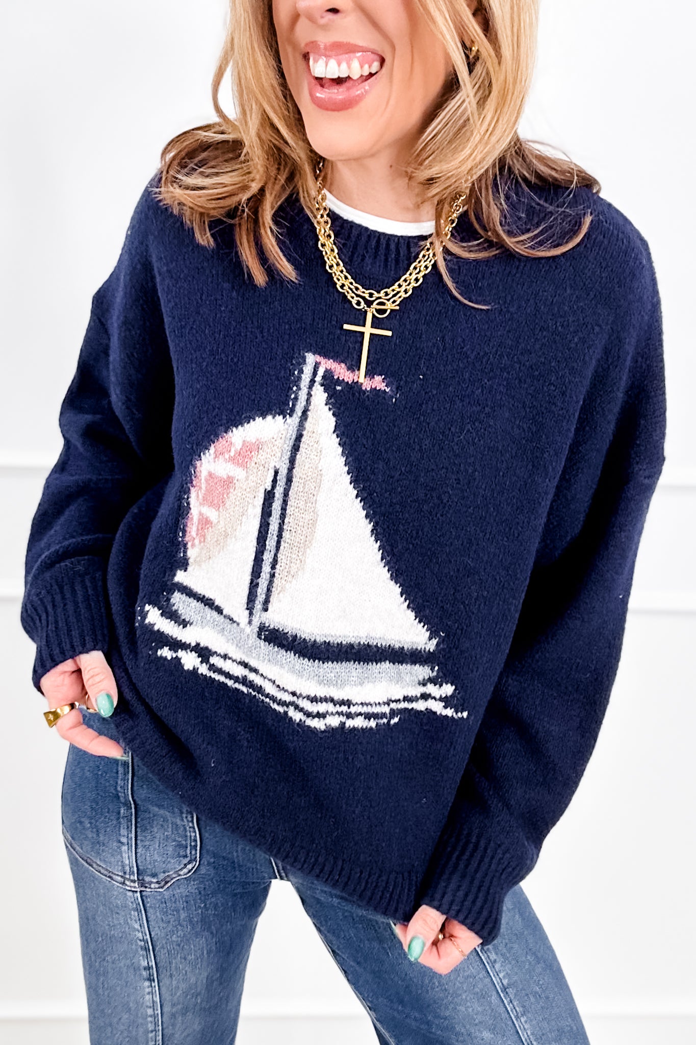 Knit Long Sleeve Sailboat Pullover Sweater