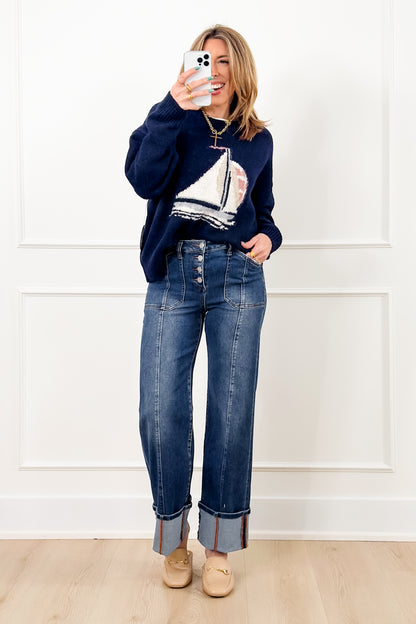 Knit Long Sleeve Sailboat Pullover Sweater