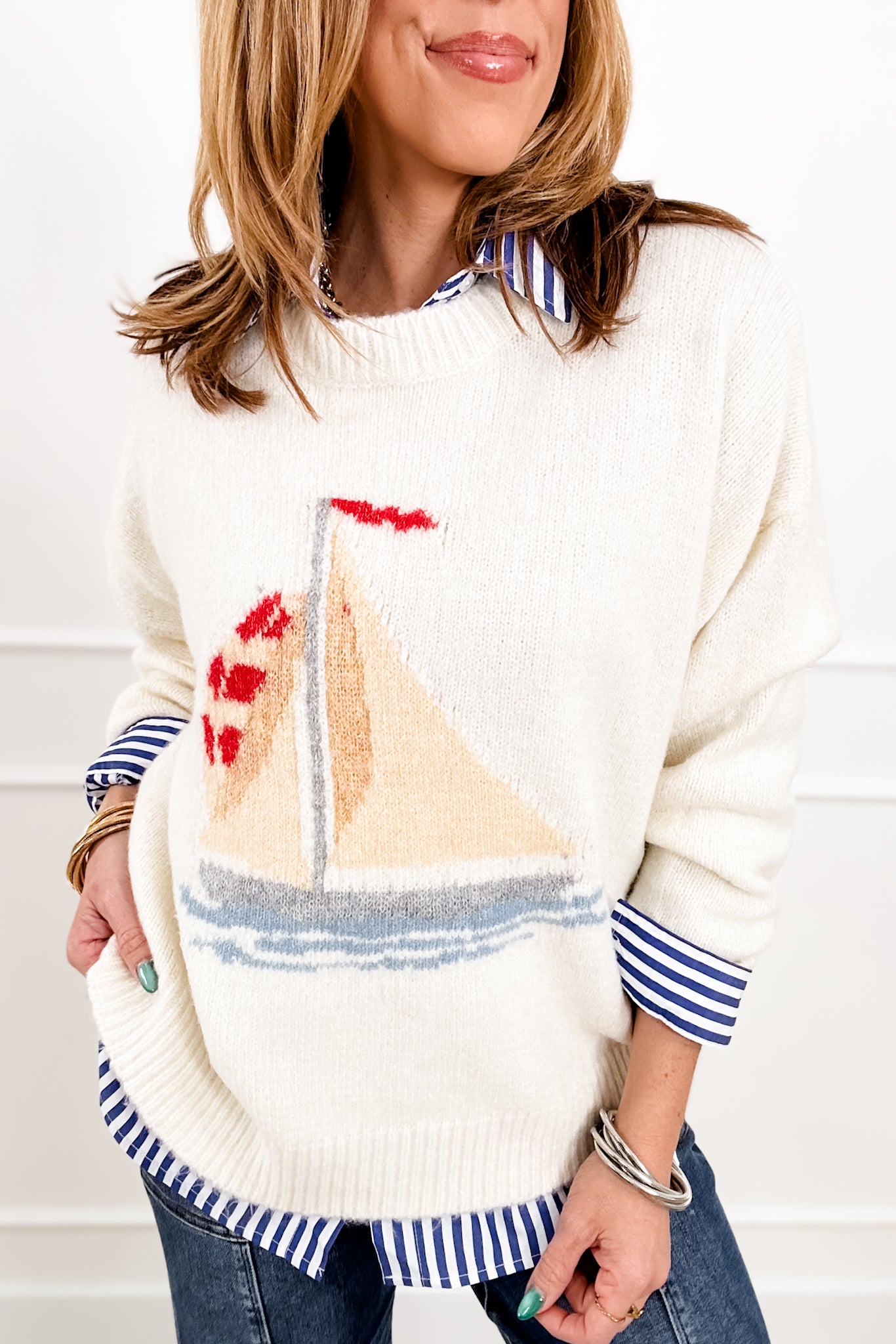 Knit Long Sleeve Sailboat Pullover Sweater