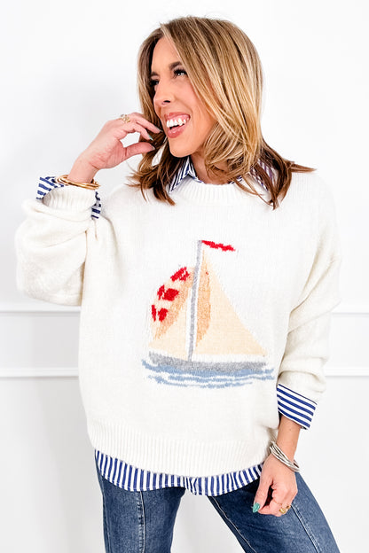 Knit Long Sleeve Sailboat Pullover Sweater