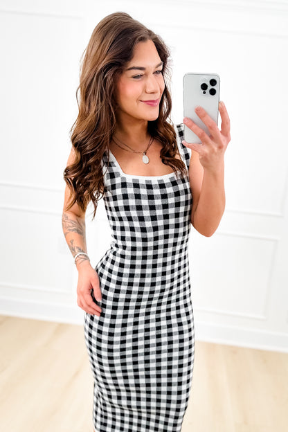 Plus/Reg Gingham Knit Sleeveless Square Neck Midi Dress