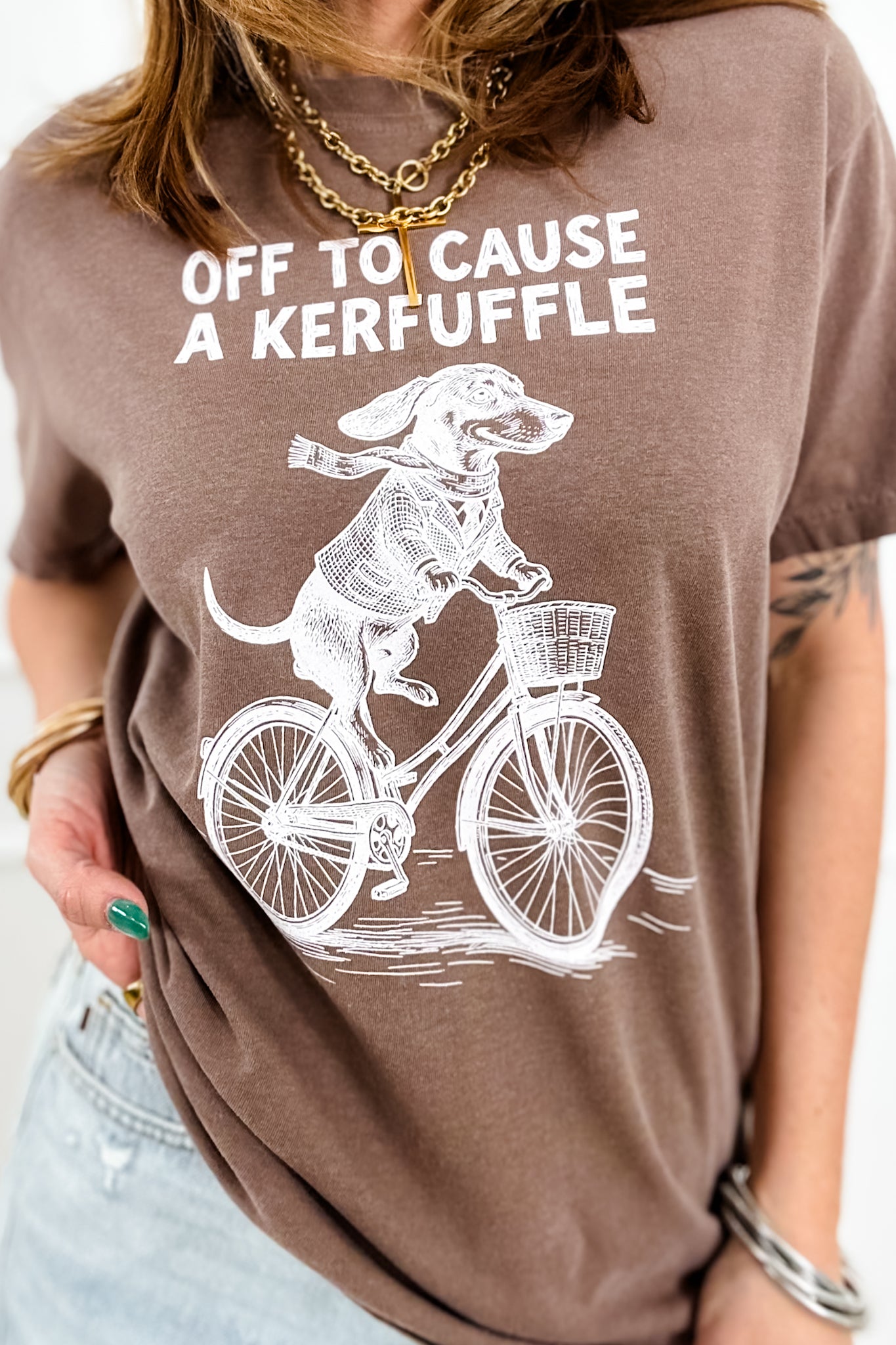 Plus/Reg Short Sleeve Espresso "Off To Cause a Kerfuffle" Graphic Tee