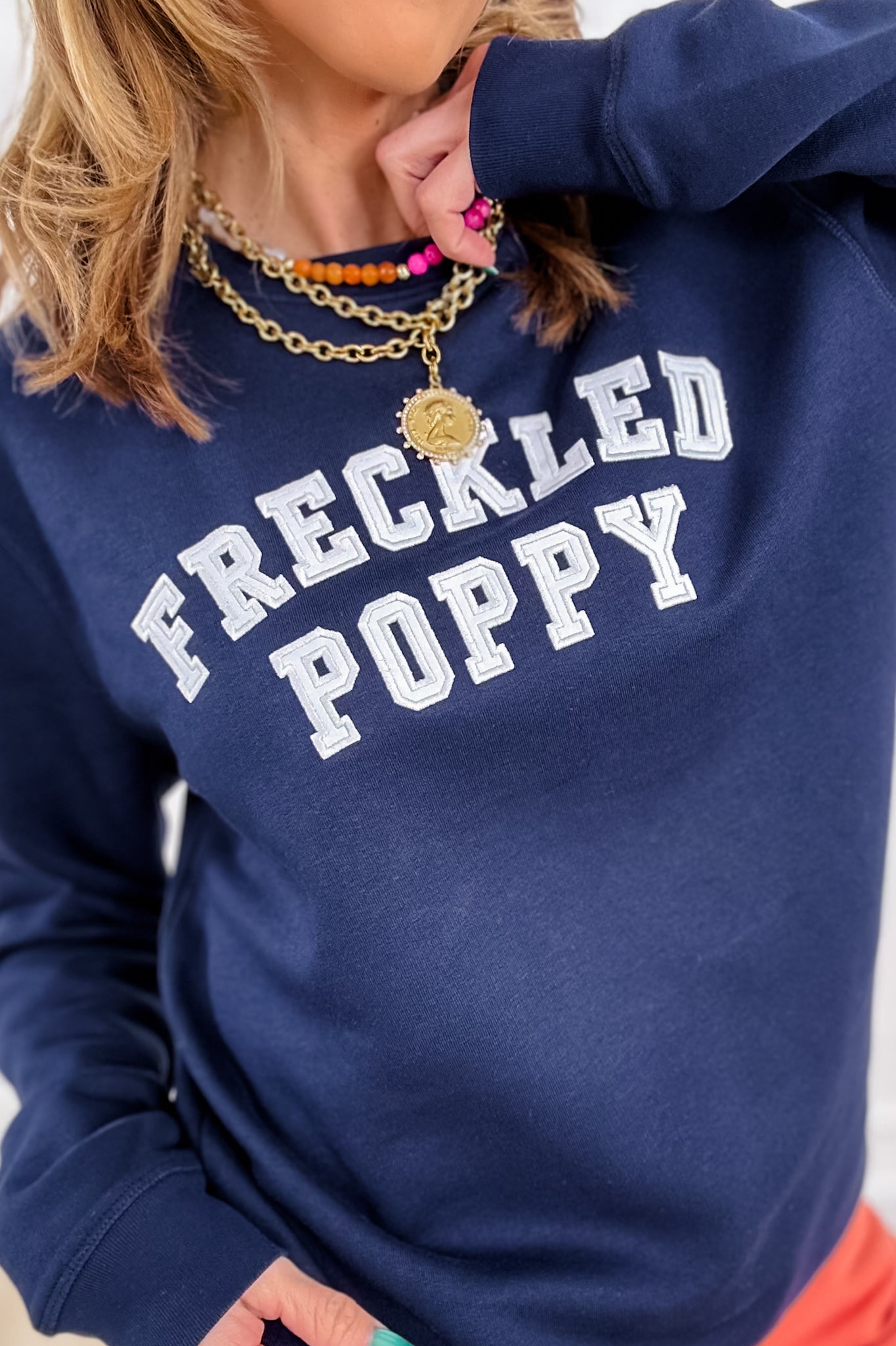 Plus/Reg Navy Long Sleeve Embroidered "Freckled Poppy" Sweatshirt
