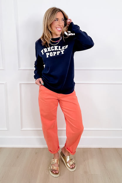 Plus/Reg Navy Long Sleeve Embroidered "Freckled Poppy" Sweatshirt