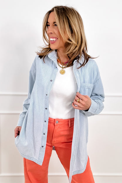 Plus/Reg Pin Stripe Long Sleeve Button Down Top