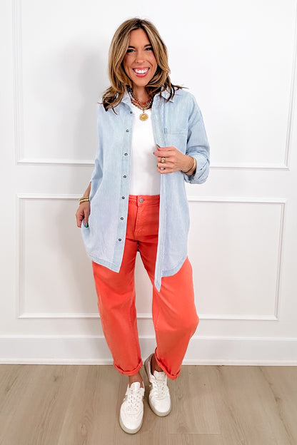 Plus/Reg Pin Stripe Long Sleeve Button Down Top